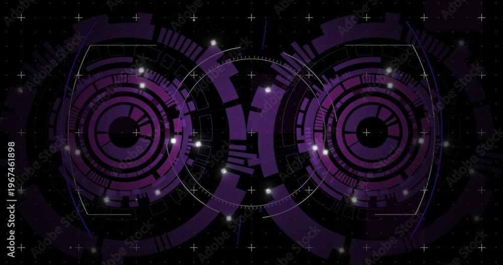 Obraz premium Displaying two concentric circular HUD interfaces on black starfield, showing hex frames and nodes