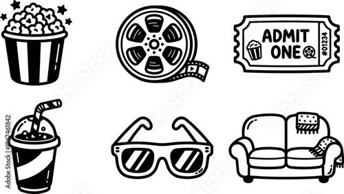 Black and white movie icons popcorn soda film reel ticket sunglasses sofa illustration