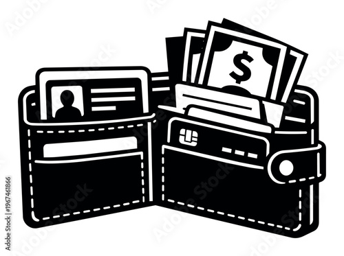 Wallet opening, showing cash, ID document, and multiple bank cards. Concept for personal finance and payment methods