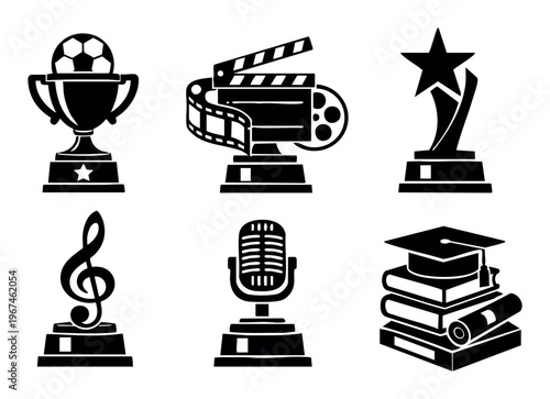 Different award trophies symbolizing success across various fields including sports, film, music, education, and broadcast