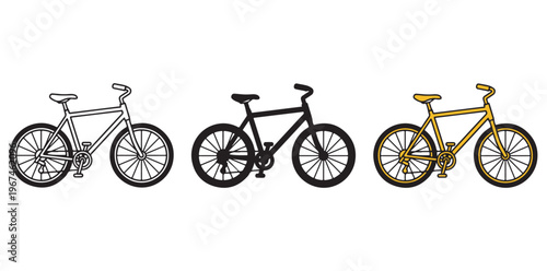 Three bicycles in different colors are shown in silhouette mode against a white background