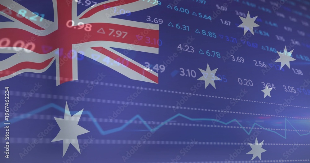 Fototapeta premium Showing Aussie flag merging with Union-Jack, Commonwealth-Star, Southern-Cross, tickers, blue chart