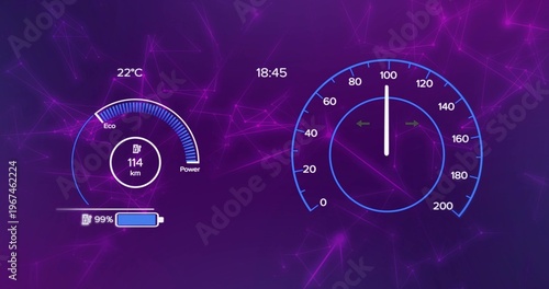 Displaying vehicle dash interface on purple network, showing right speedometer and left gauge 99%