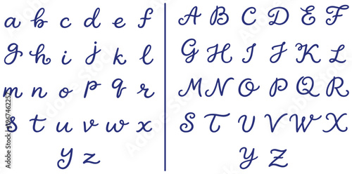 A beautiful alphabet chart displaying lowercase and uppercase cursive letters in blue ink on a white background silhouette