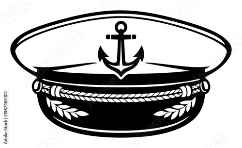 Captain's hat with a decorative anchor and braided rope, symbolizing nautical themes, seafaring and naval tradition
