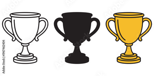 A set of three trophies in different colors and designs on a white background silhouette