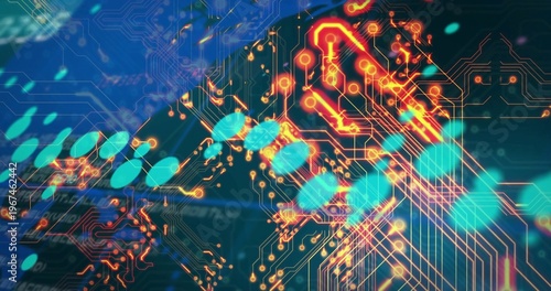 Vászonkép Showing centered closeup circuit traces with teal print ridges and glowing nodes