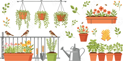 Garden Balcony Vector Set with Hanging Plants, Flower Boxes, Watering Can, Birds, Herbs, and Outdoor Gardening Elements