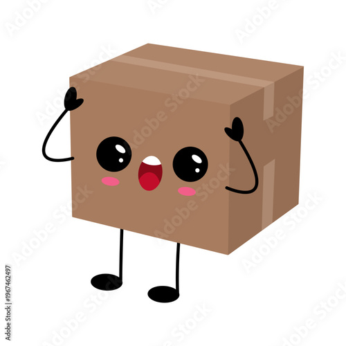 adorable cardboard box character with smiling face and raised hands