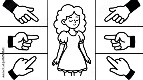Black and white vector art girl surrounded by six pointing hands