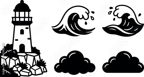 Black and white lighthouse on rocky cliff with ocean waves and clouds vector art