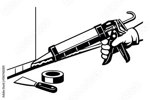 Hand holding a caulk gun, applying sealant to a surface. Nearby spatula and adhesive tape ready for fixing and sealing work