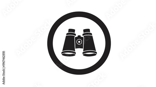 A black and white illustration shows binoculars inside a circle on a white background