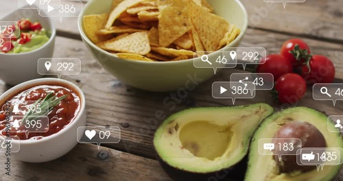 Social badges appearing near chips floating clustering shifting right to avocado showing engagement