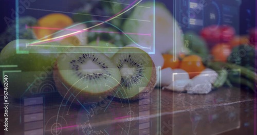 HUD overlay appearing, scanning halved kiwi visualizing produce data, graph rising, circles glowing