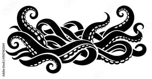 Octopus or kraken tentacles with visible suction cups in a dynamic, spreading composition. Black and white marine life vector