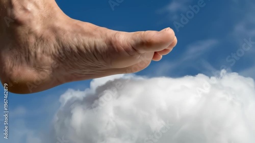Close up of a bare male foot stepping onto soft white clouds against a blue sky as a visual metaphor for limitless potential and freedom