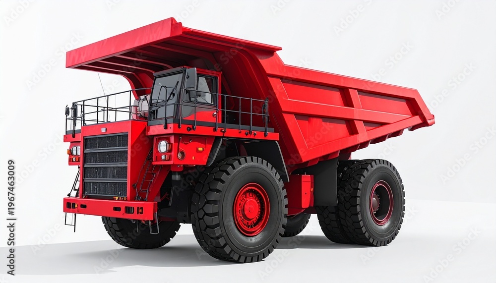 Obraz premium Large Red Mining Dump Truck with Six Tires on White Background