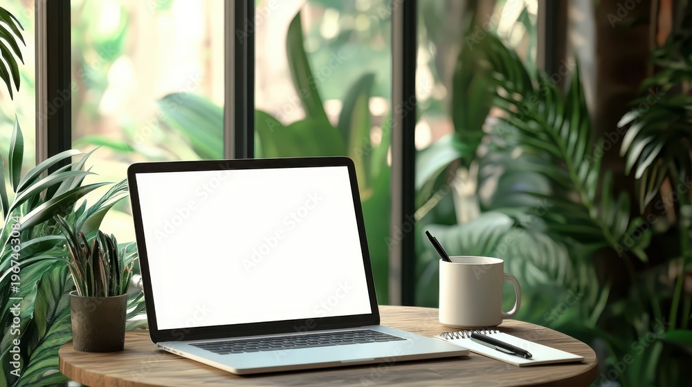Fototapeta premium Laptop computer with blank screen sitting on a wooden table surrounded by lush green indoor plants near a window for a bright workspace