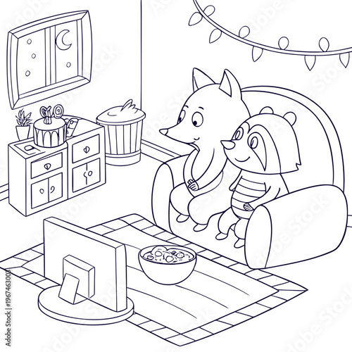 Woodland Animals Watching Movie Night coloring page