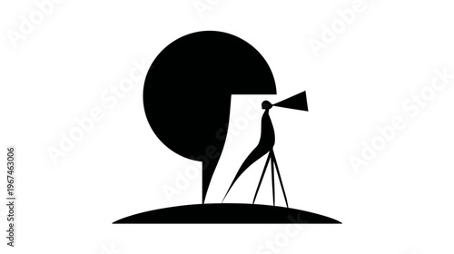 A black and white stylized illustration depicts a figure using a large, stylized device on a tripod