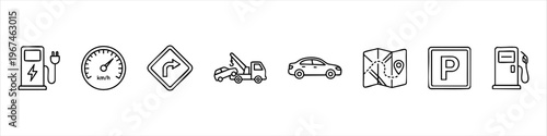 Transportation and automotive line icons set: electric vehicle charging, speedometer, road sign, tow truck, sedan car, map, parking, and gas pump symbols for travel and driving design.