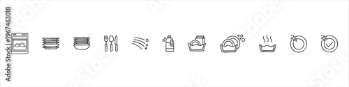 Set of Dishwashing and Kitchen Hygiene Line Icons: Dishwasher, Plates, Cutlery, Detergent, and Cleaning Symbols for Household Chores