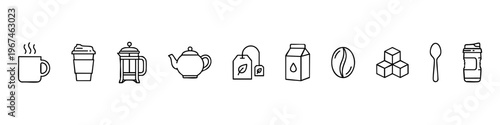 Coffee and Tea Line Icon Set. Collection of minimalist black vector symbols including mug, french press, teapot, tea bag, milk carton, coffee bean, sugar cubes, spoon, and travel cups.
