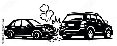 Two vehicles colliding on a road causing damage and smoke. Illustrating a car crash, automotive accident, and transportation safety