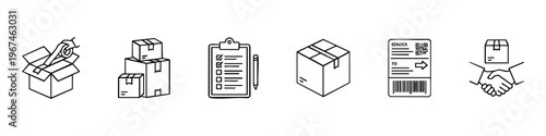 Logistic and shipping icon set featuring packaging, boxes, inventory checklist, parcel tracking label, and handshake for delivery service.