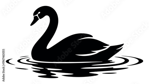 Swan vector silhouette swimming gracefully, creating ripples in the water. Elegant avian animal illustration