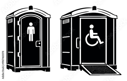 Portable toilet units, one with a universal male symbol and another for handicap access featuring a wheelchair ramp