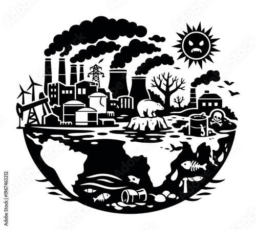 Earth suffering from environmental pollution, factories polluting air, polar bear on melting ice, dead trees, and toxic water