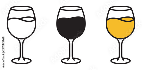 A simple illustration of three wine glasses filled with different colored liquids silhouette