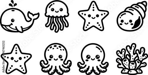 Cute black and white sea animals cartoon vector art with whale jellyfish starfish seashell octopus coral