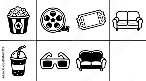 Black and white popcorn film reel ticket 3d glasses and sofa icons set