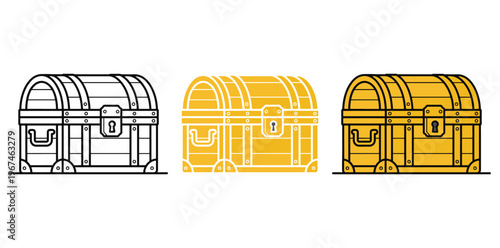 Three treasure chests in different colors and line styles on a white background silhouette