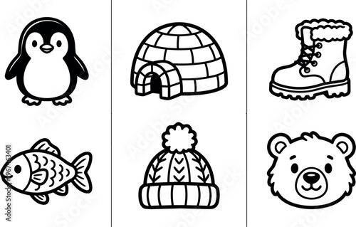 Black and white line art penguin igloo fish winter boot hat and bear face icons