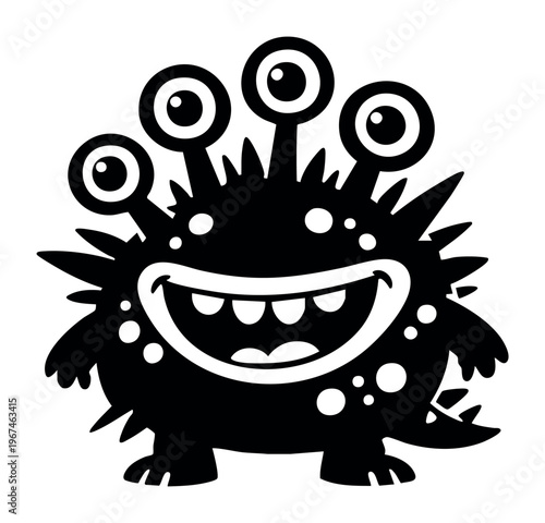 Black silhouette of a cheerful, spiky fantasy monster with four eyes and a wide toothy grin, standing confidently