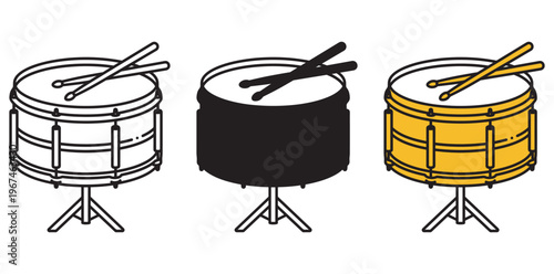 A colorful illustration of three drums with drumsticks on a white background silhouette