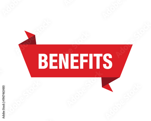 A red ribbon banner displays the word benefits in bold white lettering