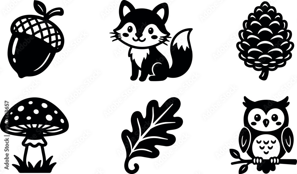 Naklejka premium Woodland animals and forest elements including fox owl mushroom acorn pine cone leaf