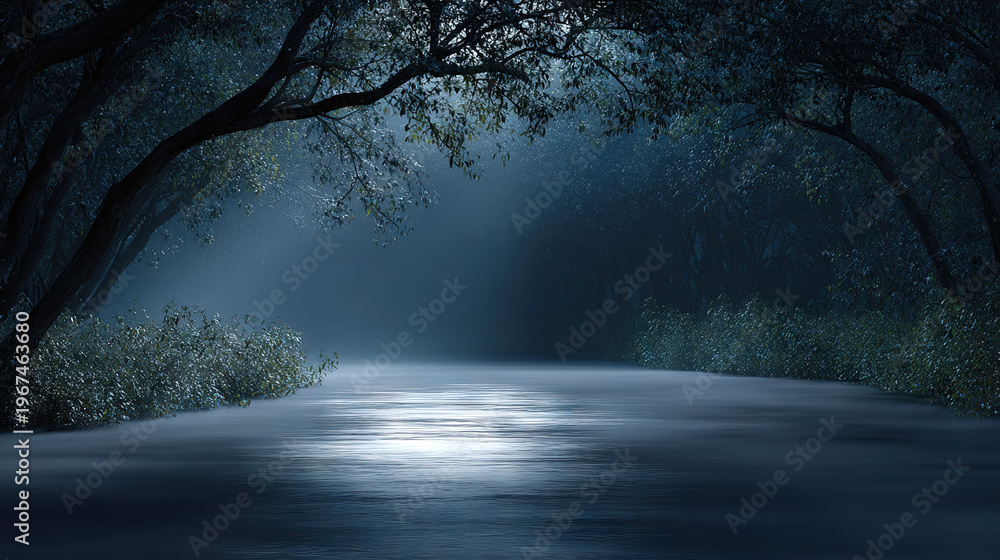 Obraz premium Mysterious Forest Path at Dusk with Reflective Water