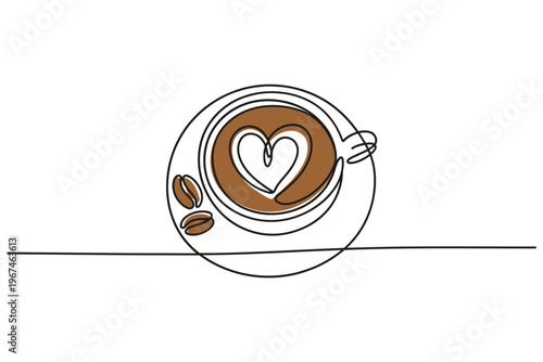 Minimalist line drawing of a coffee cup with a heart shaped latte art