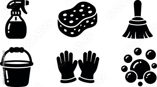 Black cleaning supplies spray bottle sponge gloves bucket and broom icons