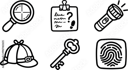 Black and white hand drawn detective tools magnifying glass key flashlight cap and fingerprint icons