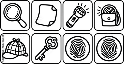 Black and white magnifying glass note flashlight backpack detective hat key fingerprint line art set