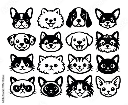 Assortment of cartoon dog and cat faces depicting a range of breeds, emotions, and traits in a minimalist icon design