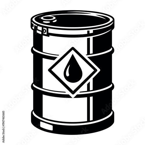Oil barrel with a liquid drop warning symbol, indicating fuel, petroleum, and energy industry concepts on a white background