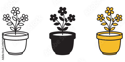A colorful illustration of three potted flowers in different styles and colors silhouette